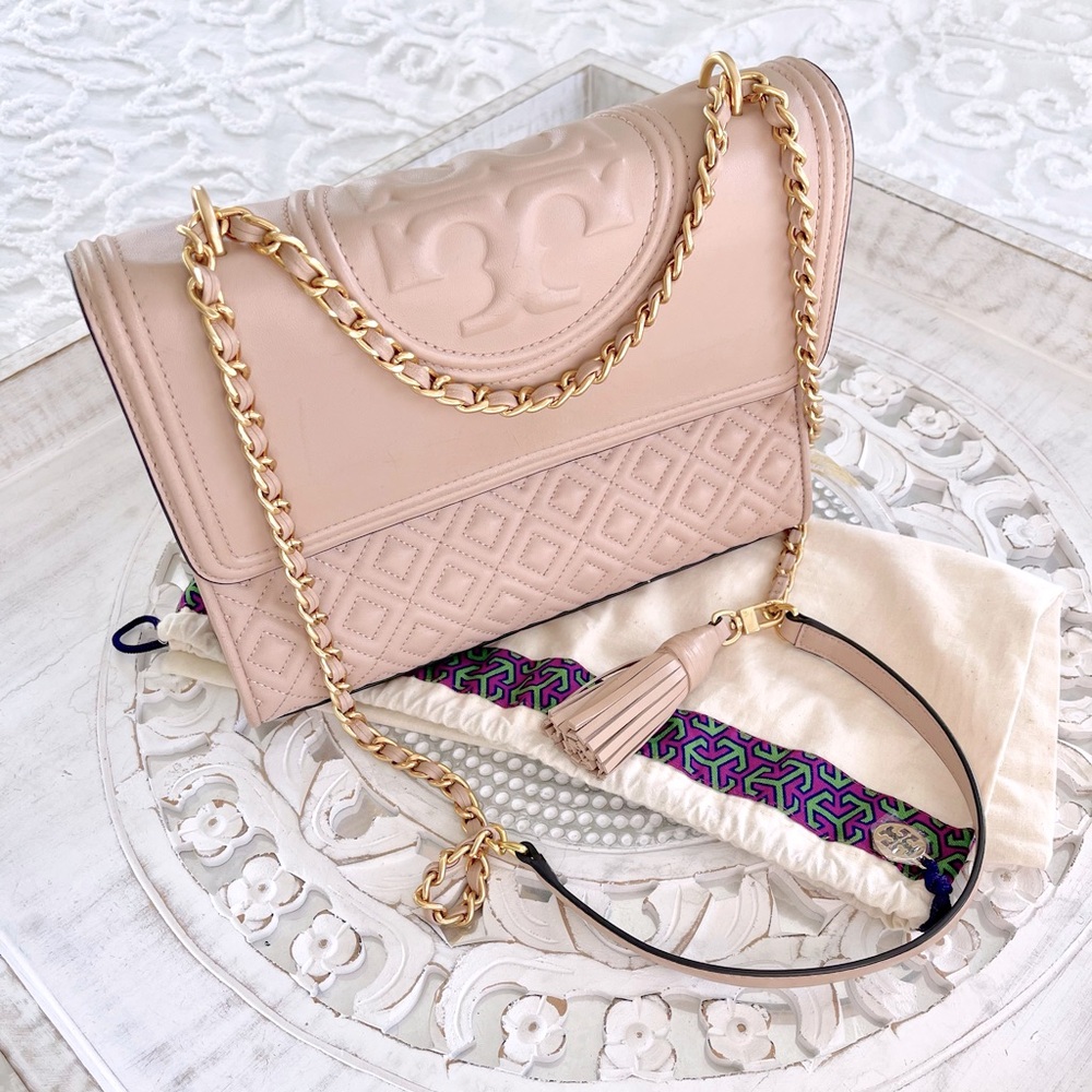 TORY BURCH Fleming Large Nude Sand Leather Shoulder Crossbody Bag